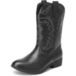 🆕Kids Black Cowgirl Boots Girls Cowboy Western Mid Calf Pull-On Riding Boots